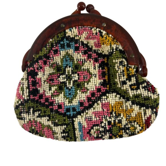 Vintage Petit Point Tapestry Style Purse Needlepoint Kiss Lock Clutch Handbag - Picture 2 of 9